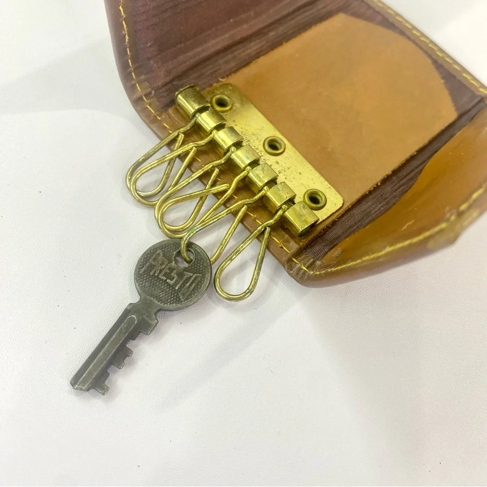 Canterbury Vintage 1980s Navy Plaid Key Holder Brown Leather Yellow Stitch Prepp
